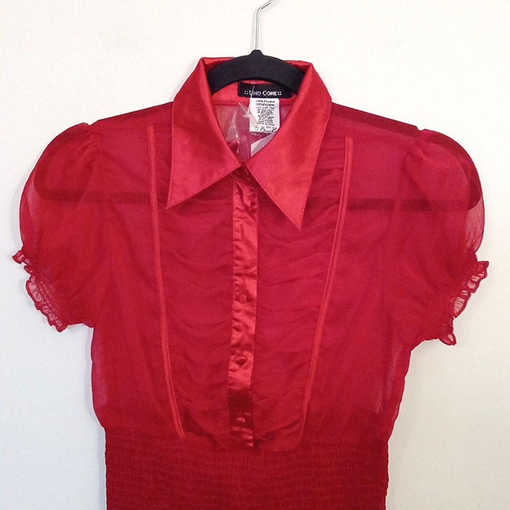 Short Sleeve Button Up Blouse with Satin Collar